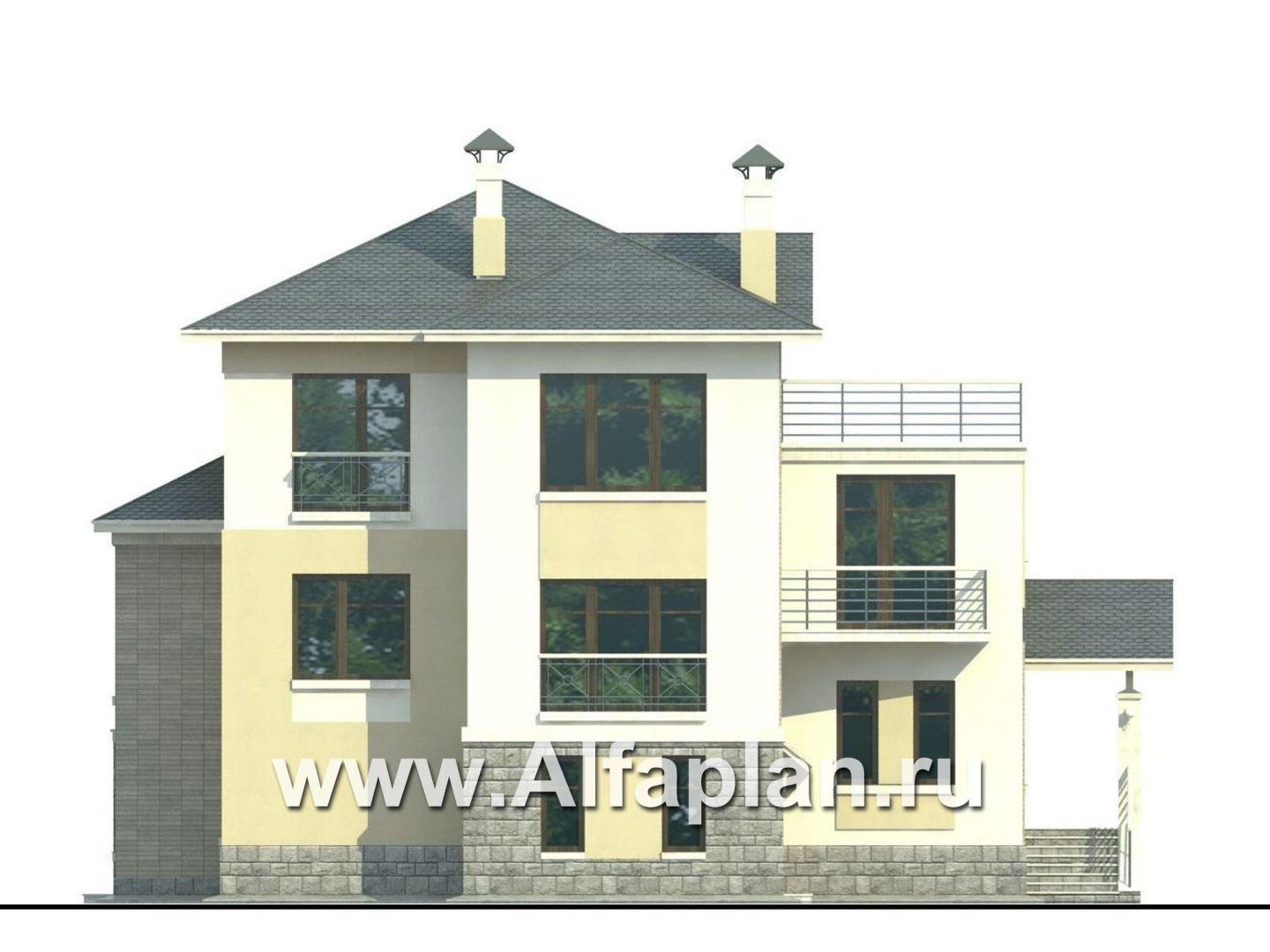Проекты домов Альфаплан - «Три семерки» - трехэтажный загородный особняк, современный дизайн дома - изображение фасада №4
