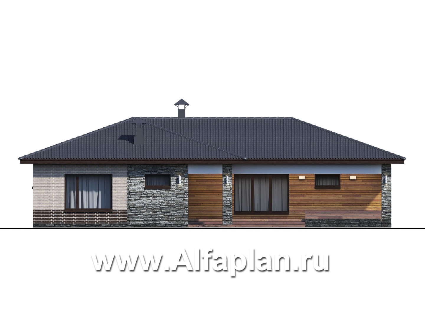 «Алазея» - проект одноэтажного дома из газобетона, с террасой и  с сауной, в современном стиле - фасад дома