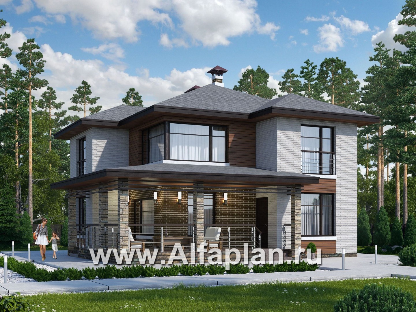 Проекты домов Альфаплан - «Квантум» - двухэтажный дом с большой террасой,  с комнатой на 1-ом этаже - основное изображение