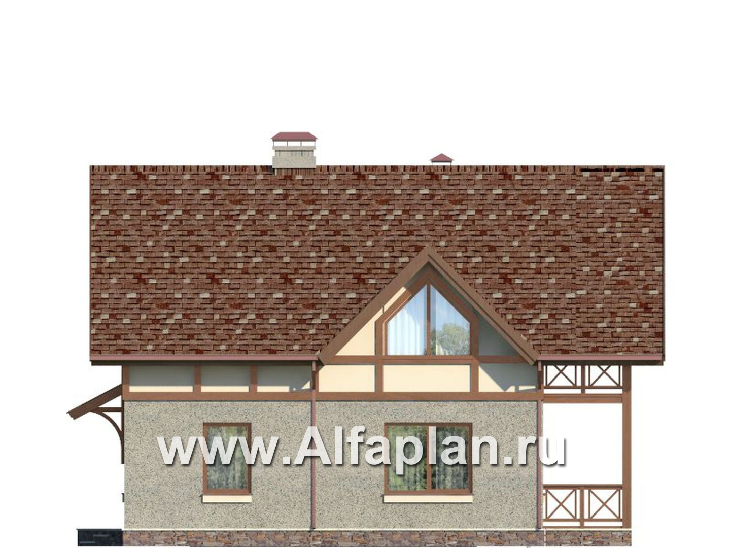 Проект дома с мансардой, из газобетона, планировка с террасой и кабинетом на 1 эт, в стиле фахверк - фасад дома