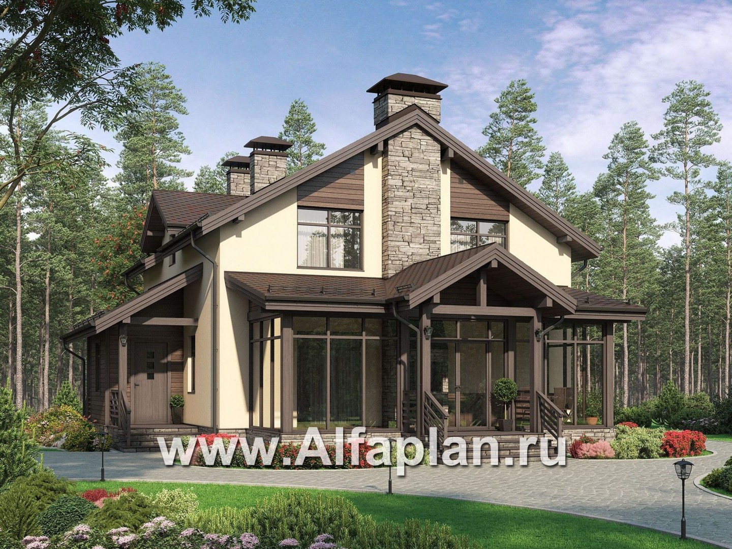 Проекты домов Альфаплан - Проект мансардного дома с барбекю на террасе - основное изображение
