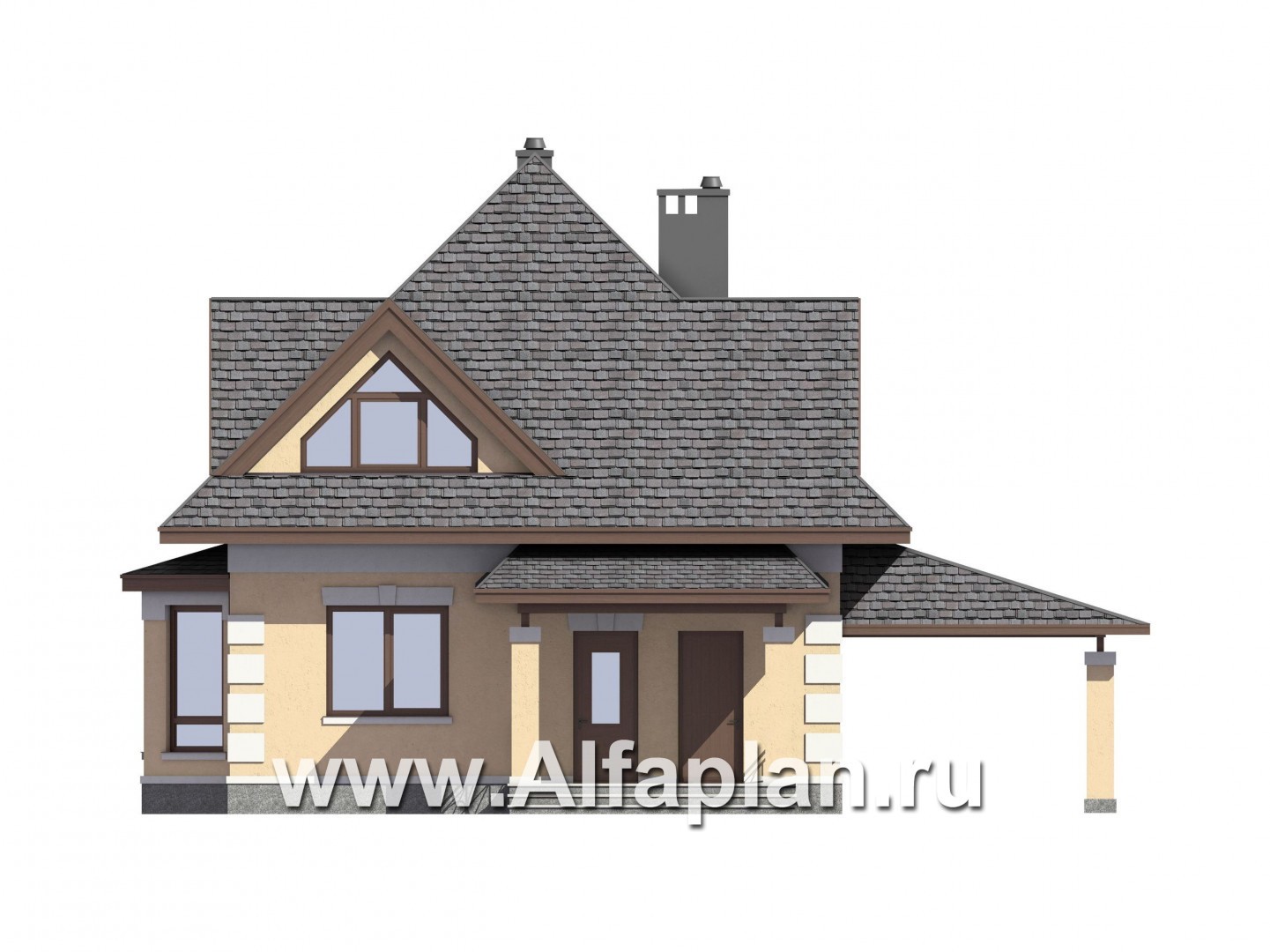Проекты домов Альфаплан - Проект компактного мансардного дома с навесом для машины - изображение фасада №1