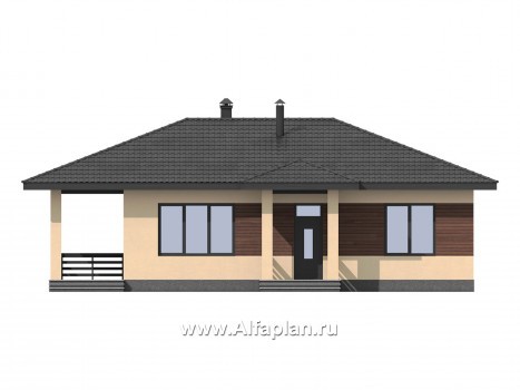 Проект одноэтажного дома из газобетона, планировка 3 спальни и терраса, в современном стиле - превью фасада дома