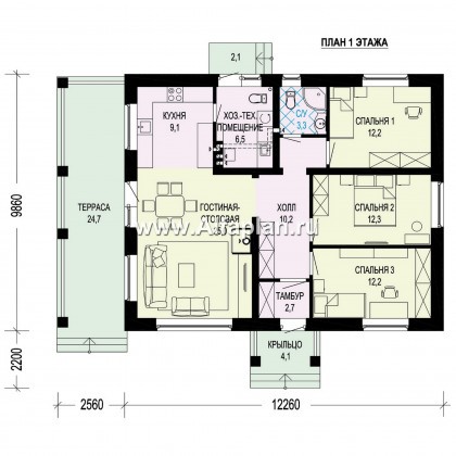 Проект одноэтажного дома из газобетона, планировка 3 спальни и терраса, в современном стиле - превью план дома