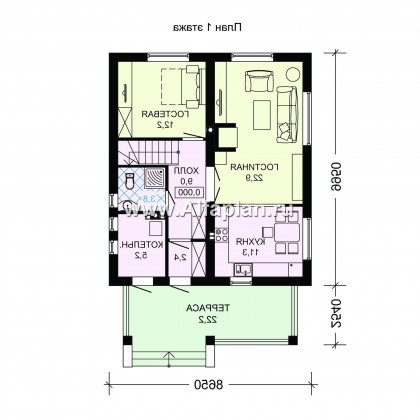 Проект дома с мансардой, планировка с террасой со стороны входа и кабинетом на 1 эт - превью план дома