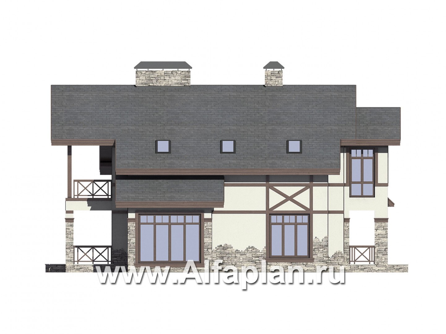 Проект дома с мансардой, планировка с террасой и кабинетом на 1 эт, с сауной, в стиле фахверк - фасад дома