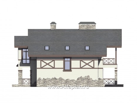 Проект дома с мансардой, планировка с террасой и кабинетом на 1 эт, с сауной, в стиле фахверк - превью фасада дома
