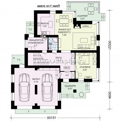 Проект двухэтажного дома, планировка с кабинетом и с гаражом на 2 авто, с террасой, в современном стиле - превью план дома