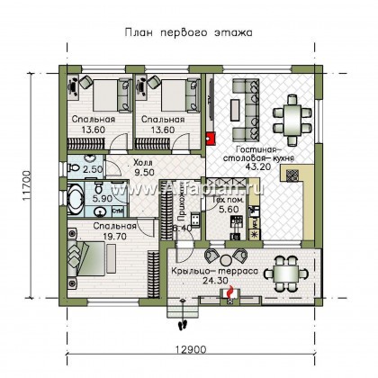 «Веда» - проект одноэтажного дома, 3 спальни, с двускатная крыша - превью план дома