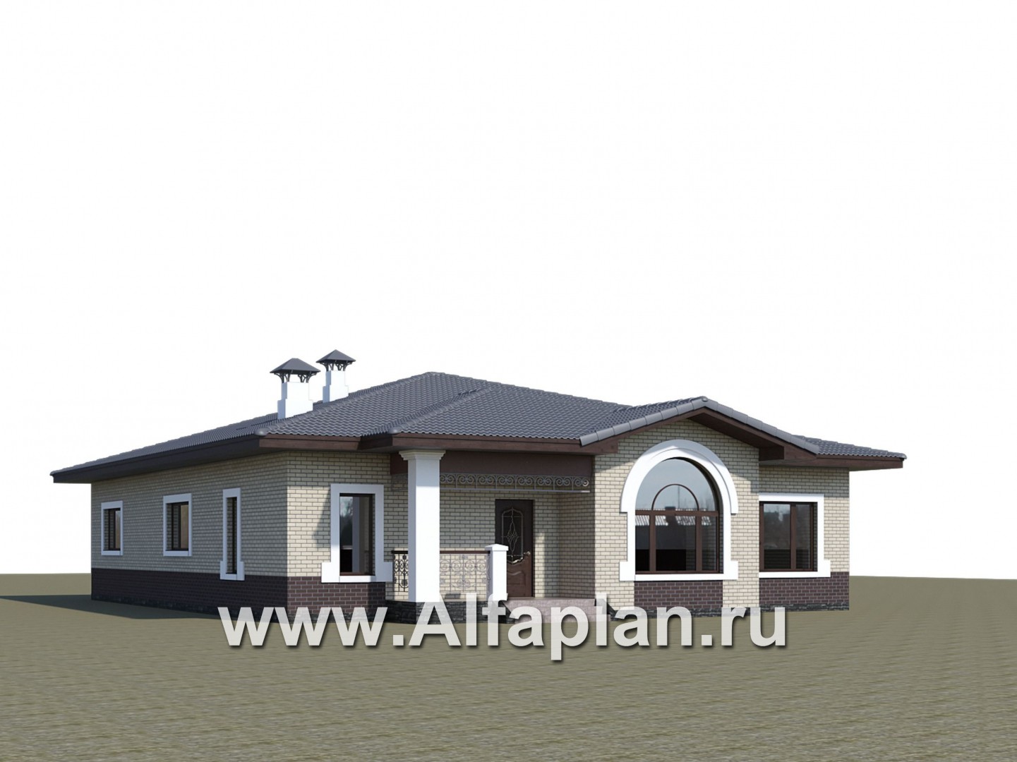 «Ангара» -  проект одноэтажного дома, с террасой и сауной, мастер спальня, арочное окно - дизайн дома №1