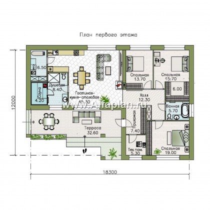 Проекты домов Альфаплан - «Алазея» - просторный одноэтажный дом с сауной и террасой - превью плана проекта №1