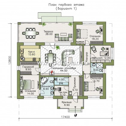 «Аризона» - проект одноэтажного дома, с террасой, в стиле Райта - превью план дома
