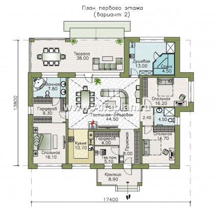 «Аризона» - проект одноэтажного дома, с террасой и сауной, в стиле Райта - превью план дома