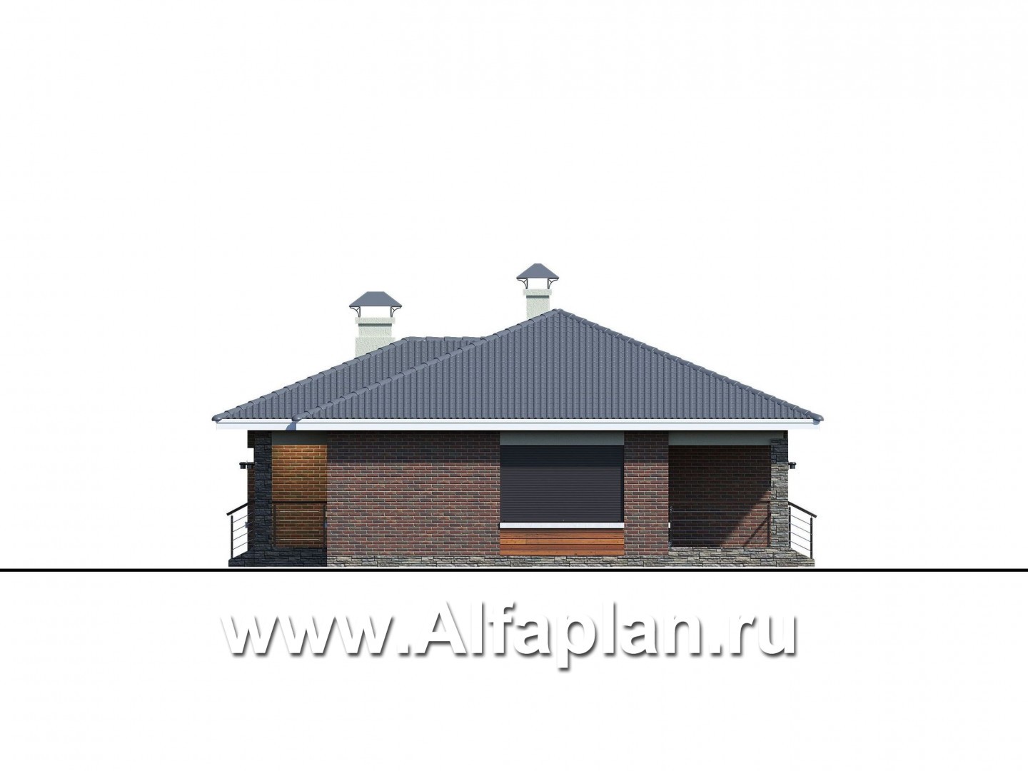 Проекты домов Альфаплан - «Онега» - проект одноэтажного дома со скрытой установкой ролет на окнах - изображение фасада №2