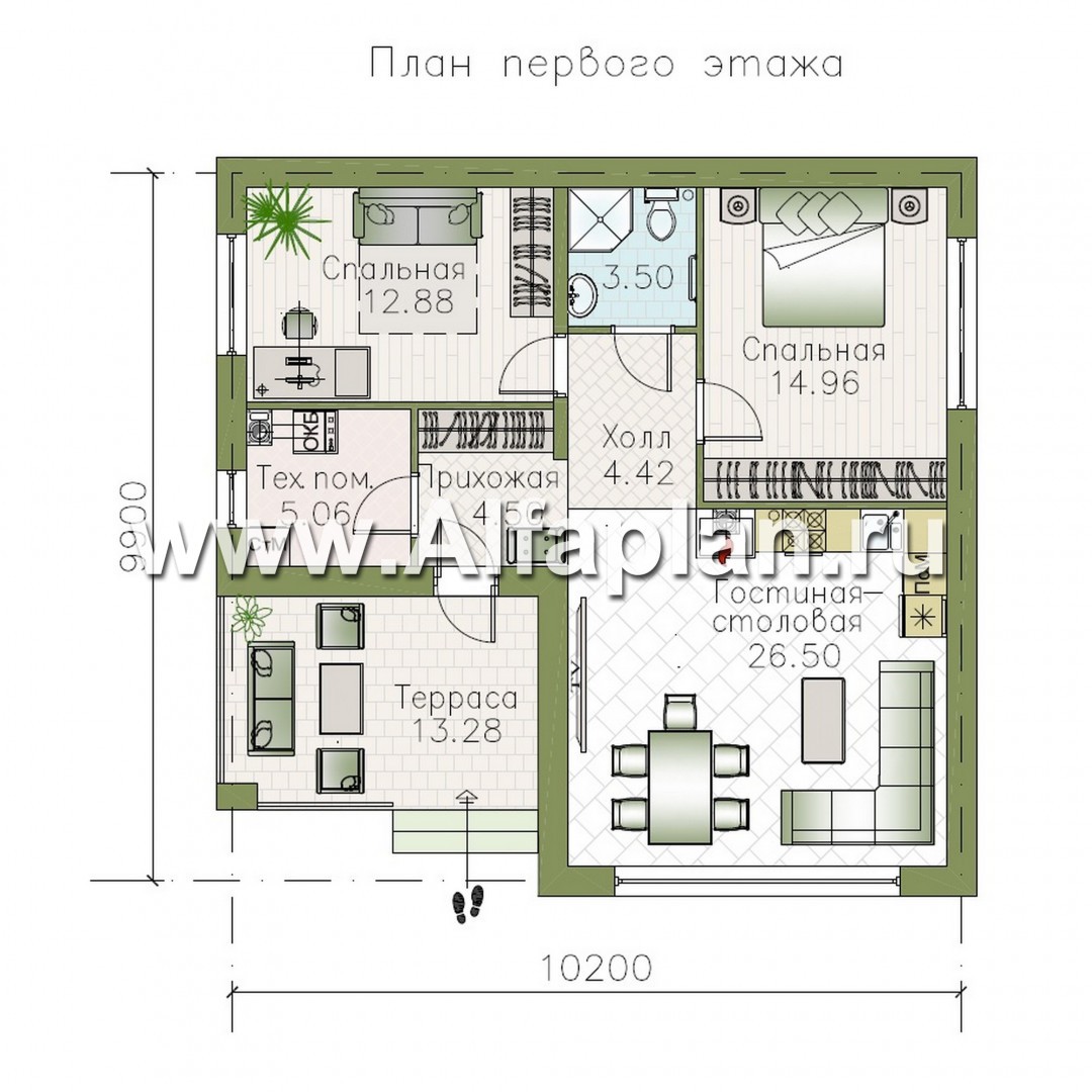 Проекты домов Альфаплан - «Дега» - стильный  проект одноэтажного дома с двумя спальнями - изображение плана проекта №1