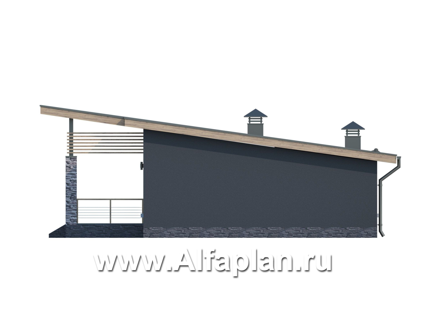 Проекты домов Альфаплан - «Корица» - одноэтажный дом с односкатной крышей, с двумя спальнями - изображение фасада №3