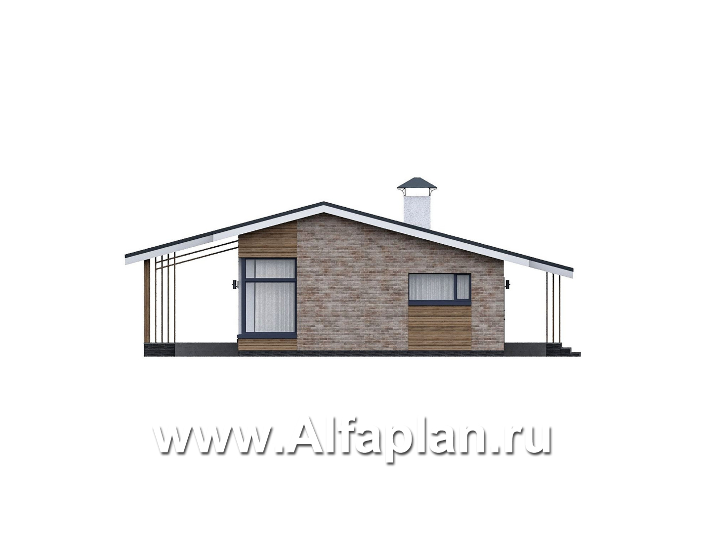 Проекты домов Альфаплан - "Алладин" - проект одноэтажного дома, мастер спальня, с террасой и красивым потолком гостиной со стропилами - изображение фасада №1