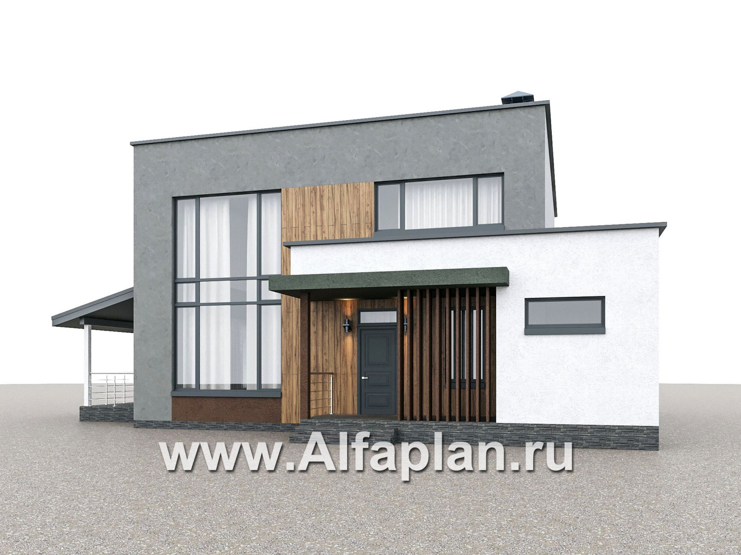 Проекты домов Альфаплан - "Коронадо" - проект дома, 2 этажа, со вторым светом гостиной, с террасой и плоской крышей, в стиле хай-тек - дополнительное изображение №2
