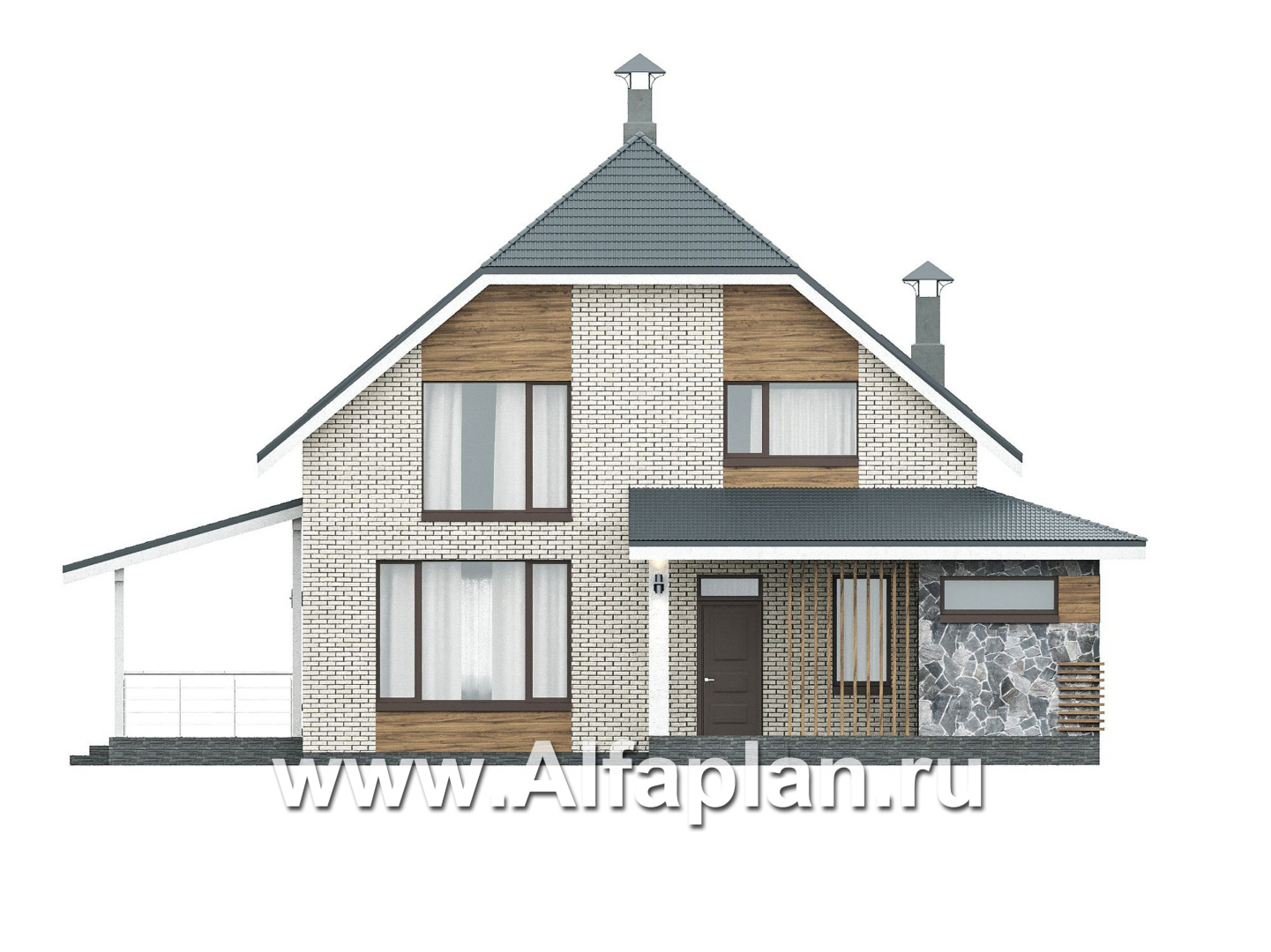 Проекты домов Альфаплан - "Династия" - проект дома с мансардой, с террасой сбоку, мастер спальня - изображение фасада №1