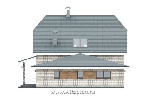 Проекты домов Альфаплан - "Династия" - проект дома с мансардой, мастер спальня, с террасой сбоку и гаражом с мастерской - превью фасада №2