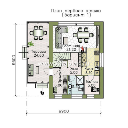 Проекты домов Альфаплан - "Викинг" - проект дома, 2 этажа, с сауной и с террасой сбоку, в скандинавском стиле - превью плана проекта №1