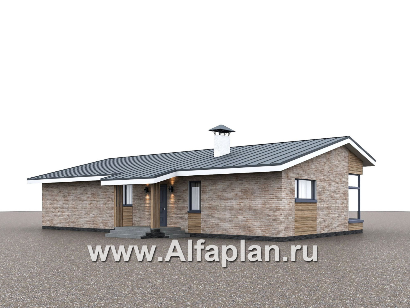 Проекты домов Альфаплан - "Алладин" - проект одноэтажного дома, мастер спальня, с террасой и красивым потолком гостиной со стропилами  - дополнительное изображение №3
