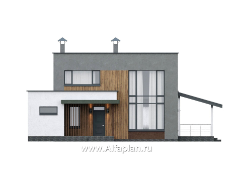 Проекты домов Альфаплан - "Коронадо" - проект дома, 2 этажа, со вторым светом гостиной, с террасой и плоской крышей, в стиле хай-тек  - превью фасада №1