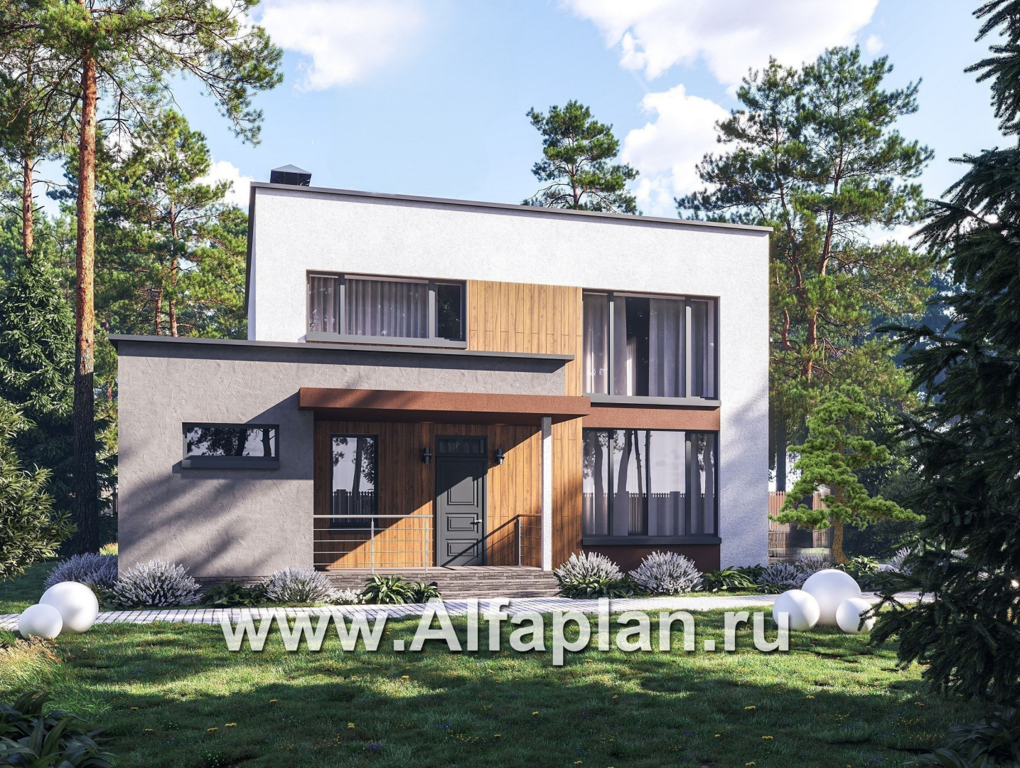 Проекты домов Альфаплан - "Коронадо" - проект дома, 2 этажа, с террасой и плоской крышей, мастер спальня, в стиле хай-тек - дополнительное изображение №1