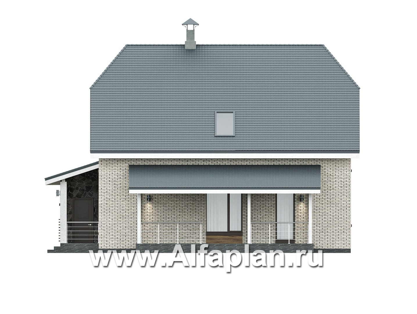 Проекты домов Альфаплан - "Династия" - проект дома с мансардой, с террасой сбоку, мастер спальня  - изображение фасада №2