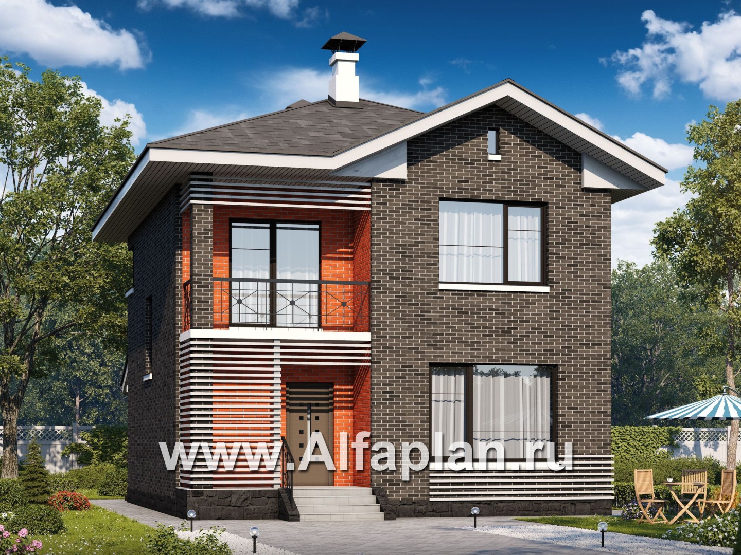 Проект двухэтажного дома из кирпича «Серебро», с террасой,  для небольшой семьи - основное изображение