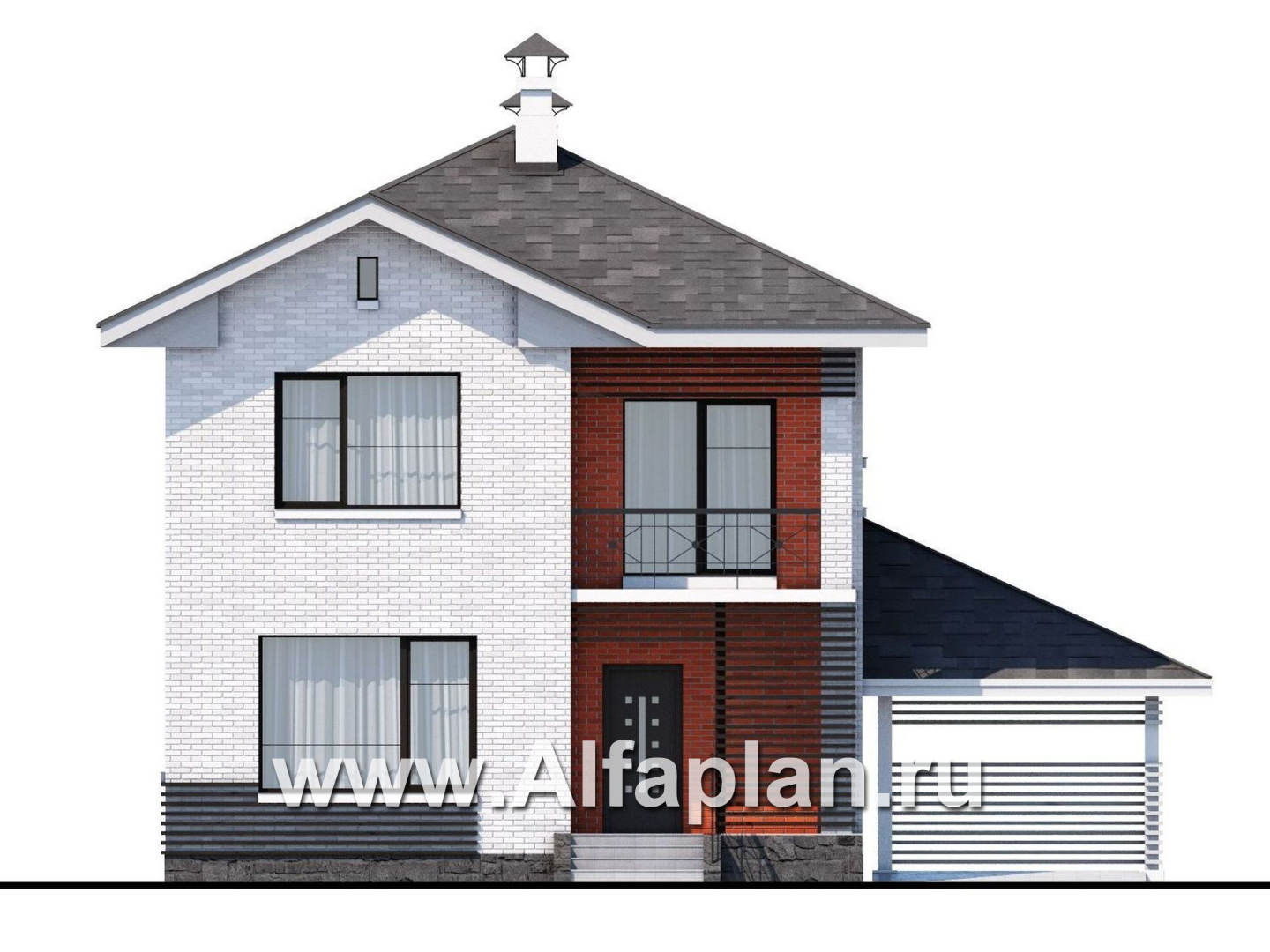 Проекты домов Альфаплан - Кирпичный дом «Серебро» с навесом для машины - изображение фасада №1
