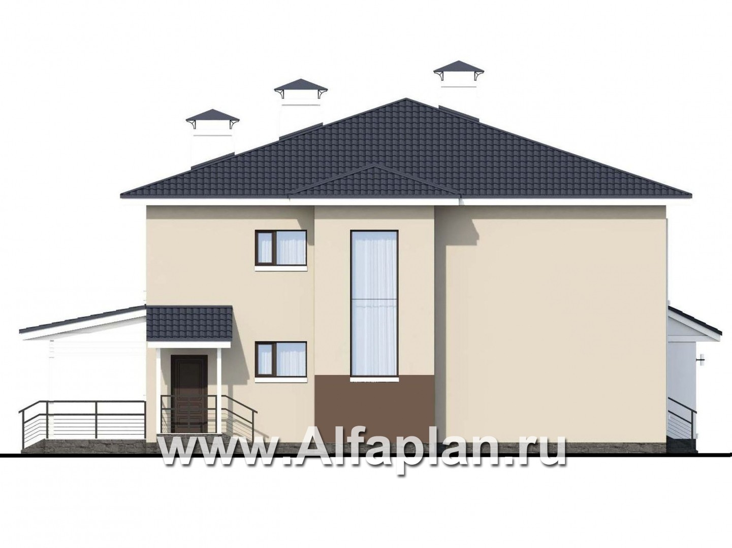Проекты домов Альфаплан - «Опал» - двухэтажный коттедж с большим крытым балконом - изображение фасада №3