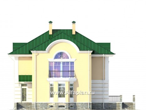Проект двухэтажного дома, план с гостевой на 1 эт и с террасой, мастер спальня, сауна и бассейн в цоколе, в стиле эклектика - превью фасада дома