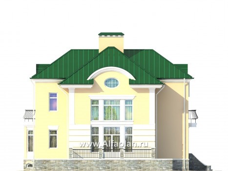 Проект двухэтажного дома, план с гостевой на 1 эт и с террасой, мастер спальня, сауна и бассейн в цоколе, в стиле эклектика - превью фасада дома