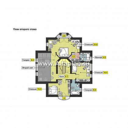 Проект двухэтажного дома, план с гостевой на 1 эт и с террасой, мастер спальня, сауна и бассейн в цоколе, в стиле эклектика - превью план дома