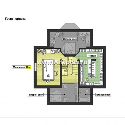 Проект двухэтажного дома, план с гостевой на 1 эт и с террасой, мастер спальня, сауна и бассейн в цоколе, в стиле эклектика - превью план дома
