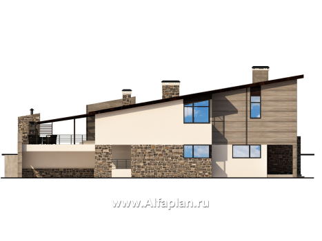 Проект двухэтажного дома, с террасой и навесом на 2 авто, для участка с рельефом, в современном стиле - превью фасада дома