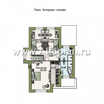 «Потемкин» - проект двухэтажного дома из газоблоков, планировка с лестницей в гостиной и мастер спальня - превью план дома