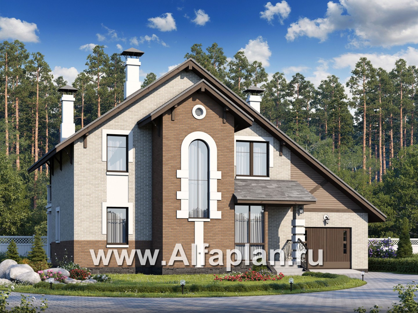 Проекты домов Альфаплан - «Виконт» - коттедж с гаражом и простой двускатной кровлей - основное изображение