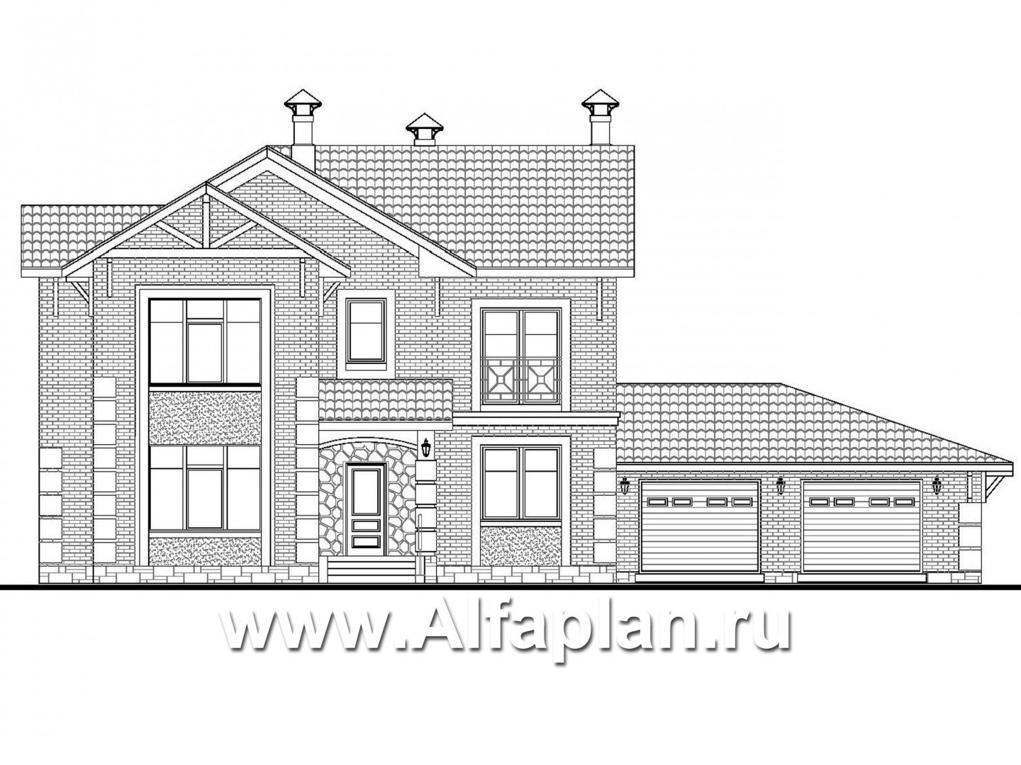Проекты домов Альфаплан - «Традиция» - комфортабельный коттедж с гаражом на два автомобиля - изображение фасада №1