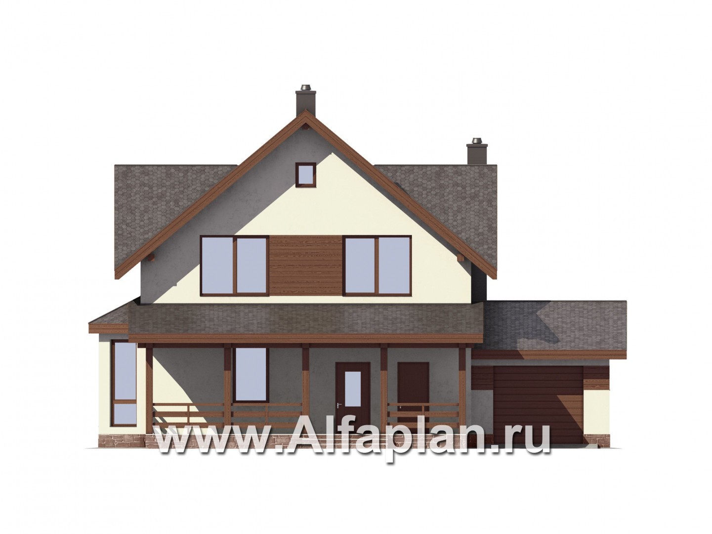 Проект дома с мансардой, 3 спальни, с камином и эркером, гостевая комната на 1 эт, терраса со стороны входа, гараж на 1 авто - фасад дома