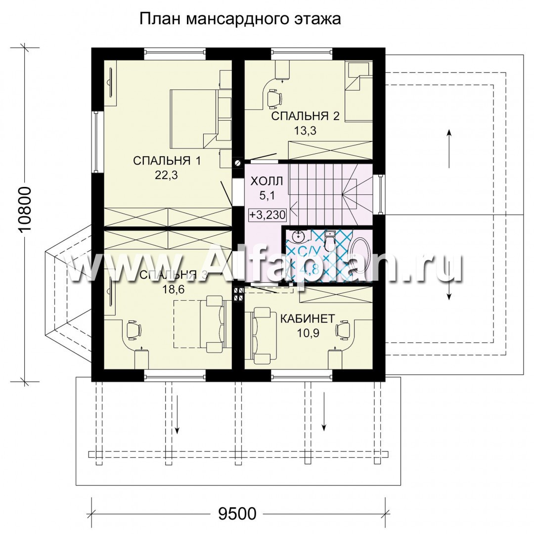 Проект дома с мансардой, 3 спальни, с камином и эркером, гостевая комната на 1 эт, терраса со стороны входа, гараж на 1 авто - план дома