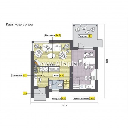 Красивый проект дома с мансардой, 2 спальни и терраса, в стиле минимализм - превью план дома