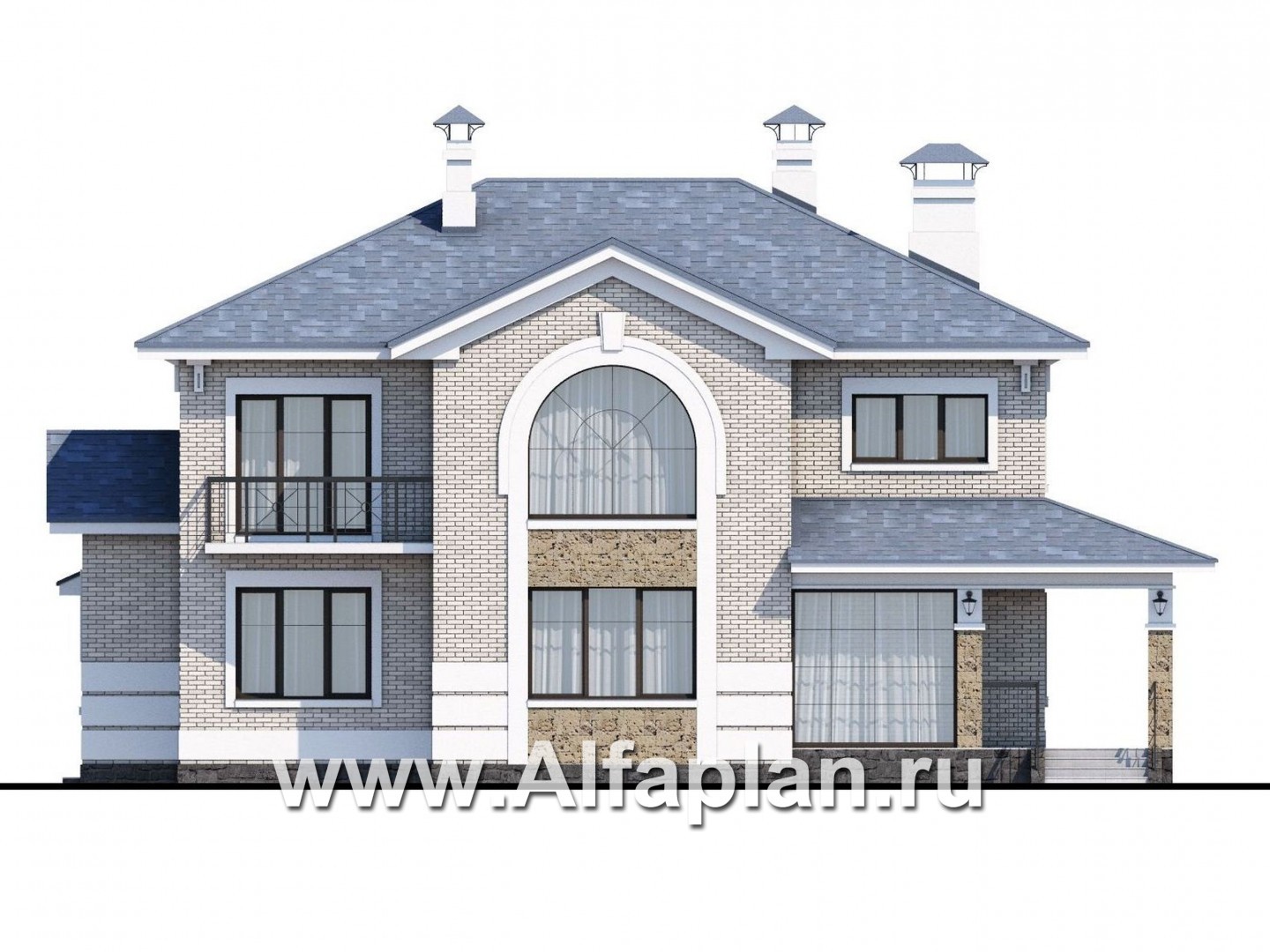 «Аутентик» - проект двухэтажного дома, с двусветным холлом и верандой, арочное окно, в стиле эклектика - фасад дома