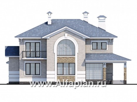 «Аутентик» - проект двухэтажного дома, с двусветным холлом и верандой, арочное окно, в стиле эклектика - превью фасада дома