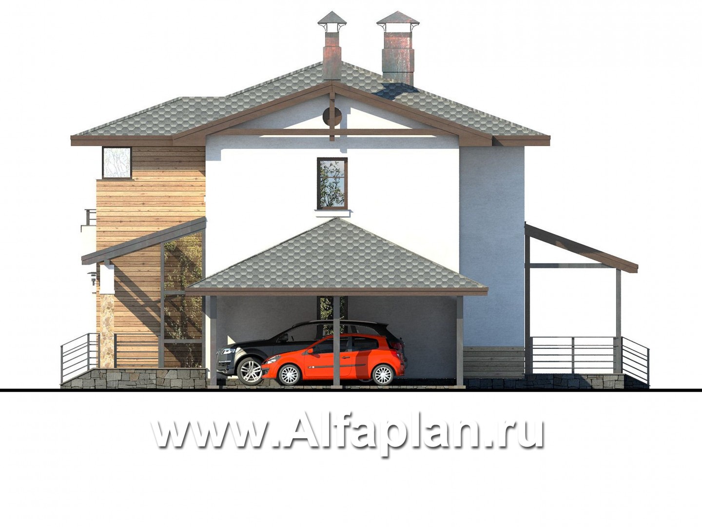 Проекты домов Альфаплан - «Тренд» - современный загородный дом с навесом для машины - изображение фасада №2