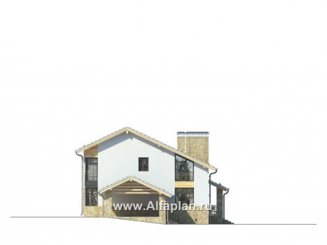 Проекты домов Альфаплан - Эффектный коттедж с навесом для двух машин - превью фасада №2