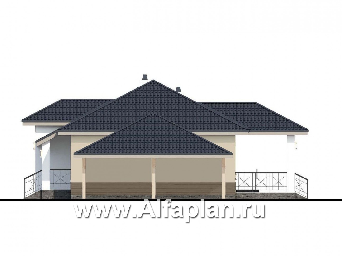 «Княженика» - проект одноэтажного дома, с террасой, планировка 2 спальни и сауна, навес на 1 авто, для небольшой семьи - фасад дома