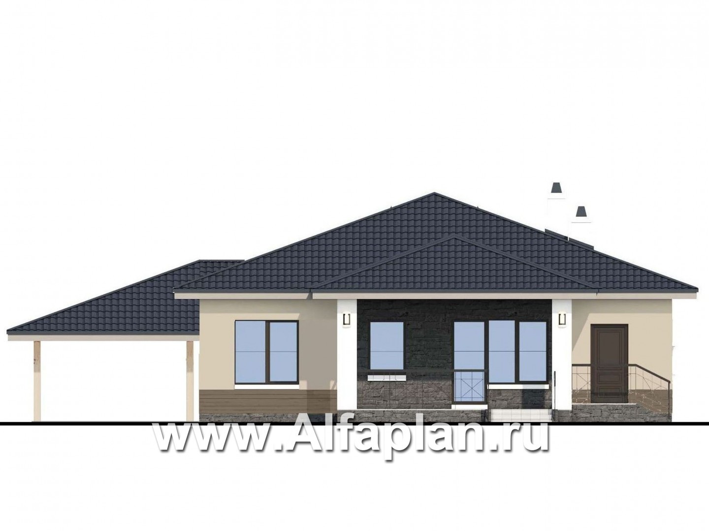 «Княженика» - проект одноэтажного дома, с террасой, планировка 2 спальни и сауна, навес на 1 авто, для небольшой семьи - фасад дома