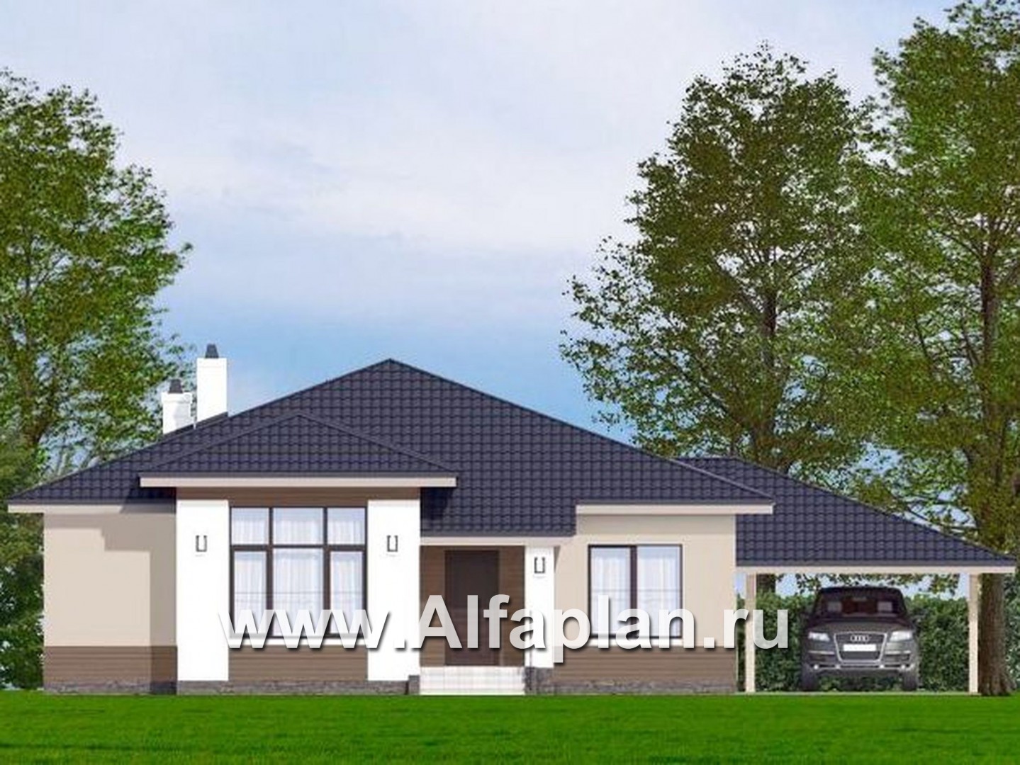 «Княженика» - проект одноэтажного дома, с террасой, планировка 2 спальни и сауна, навес на 1 авто, для небольшой семьи - основное изображение